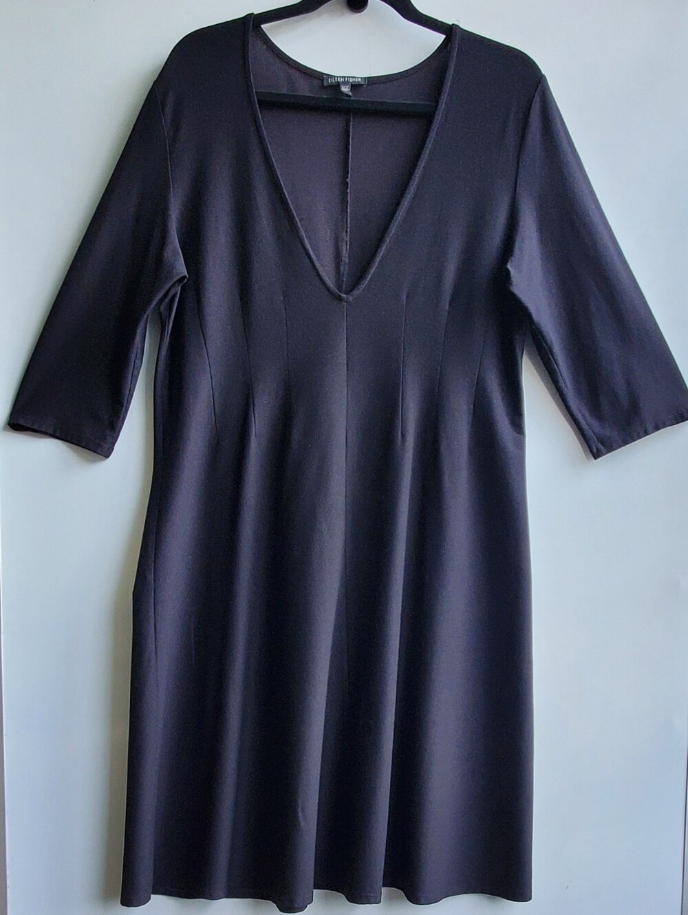 Eileen Fisher Black Rayon Stretch Knit Deep V-Neck 3/4 Sleeve A-Line Dress L